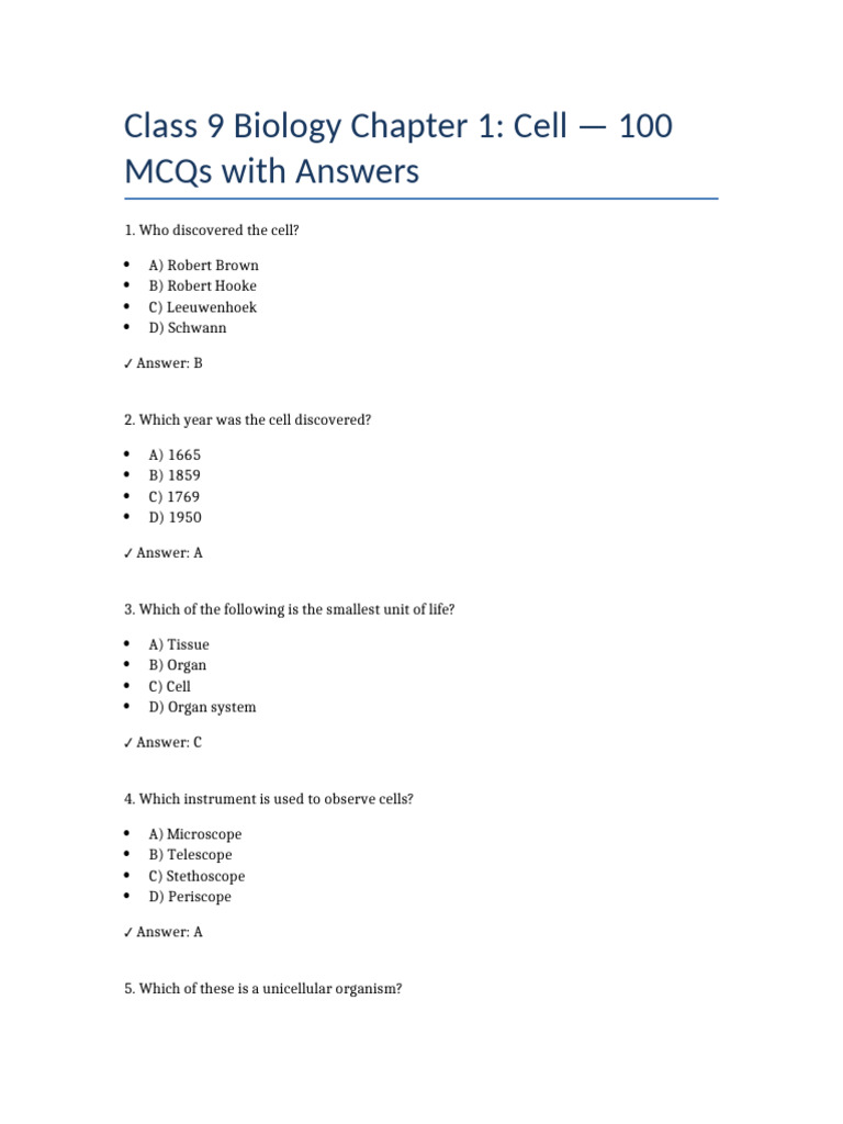 Class 9 Cell MCQs with Answers | PDF | Cell (Biology) | Cell Biology