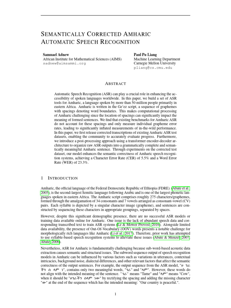 Amharic ASR Semantic Correction Model | PDF | Speech Recognition ...