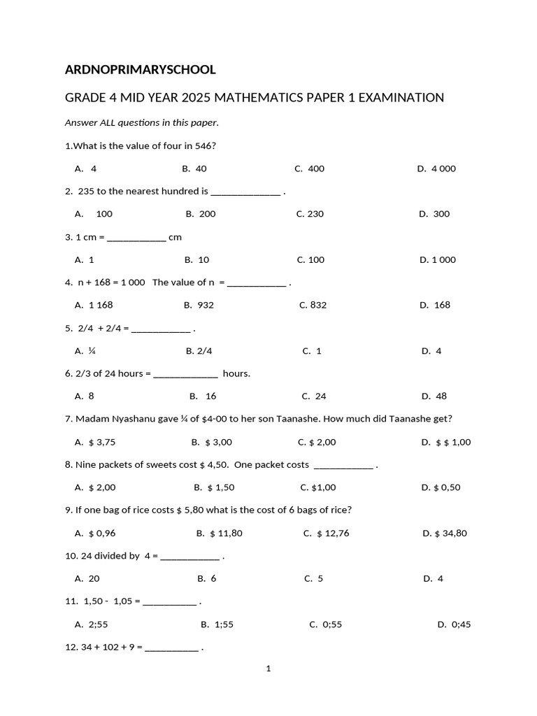 Grade 4 Mid Year 2024 Mathematics Paper 1 Examination | PDF | Chess ...