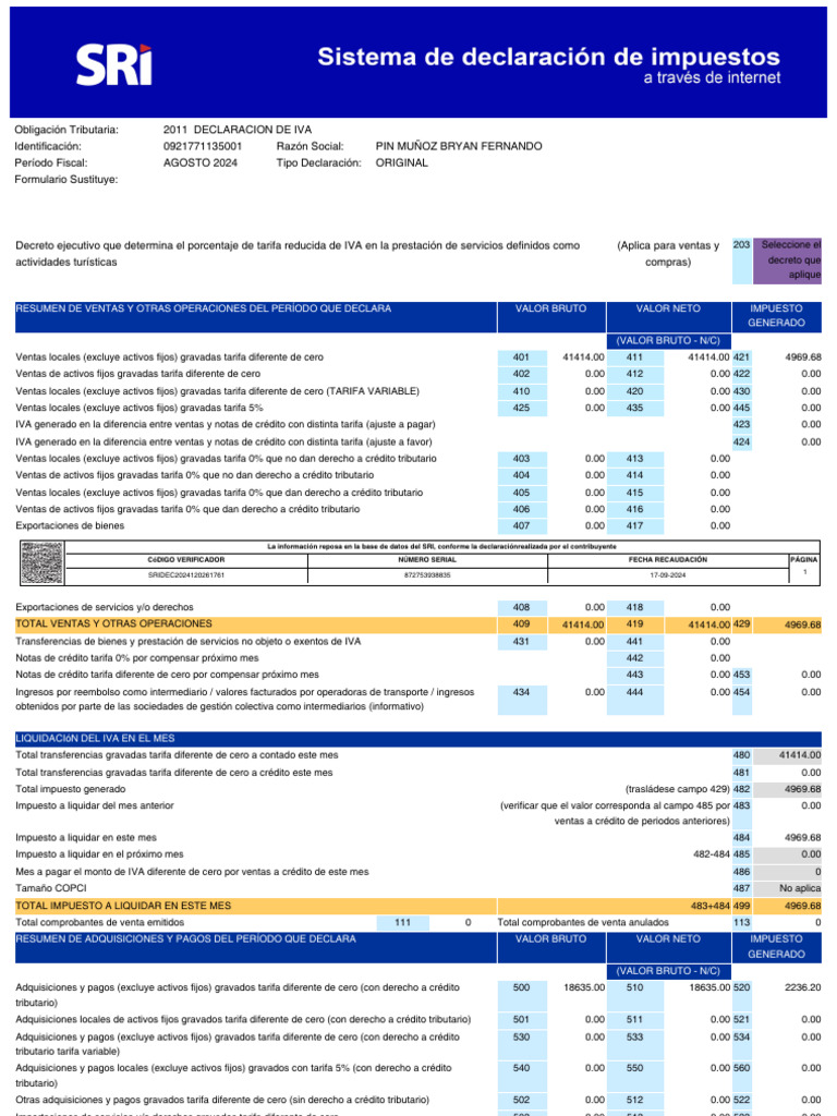 Declaración de IVA Agosto 2024 SRI | PDF | Impuesto al valor agregado ...