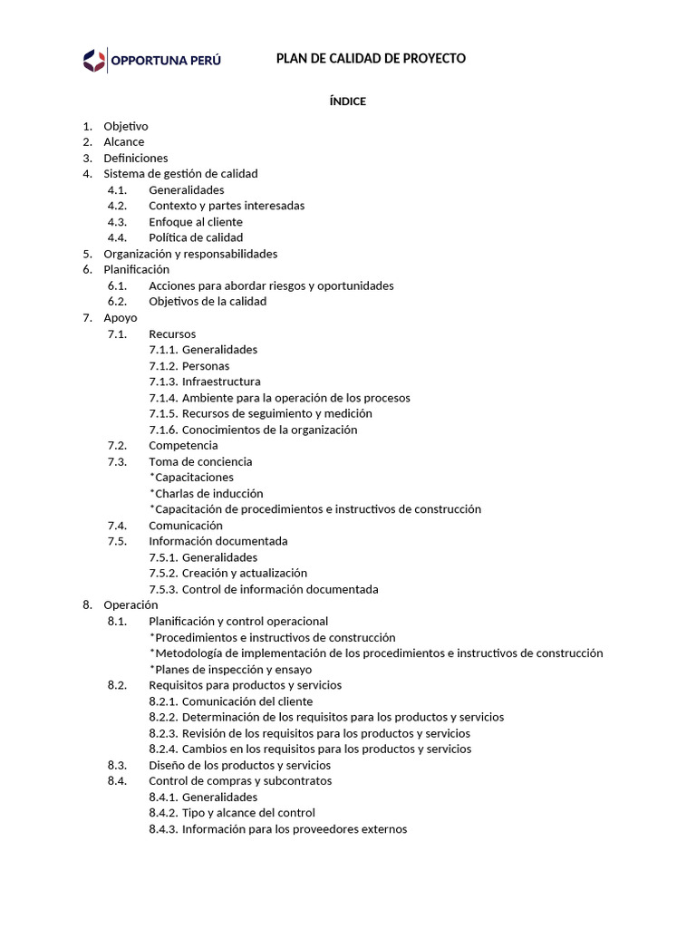 Plan de Calidad ISO 9001 para Proyectos | PDF | Sistema de manejo de ...
