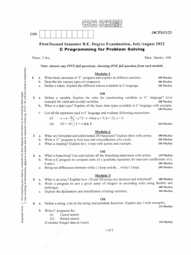 1st Sem Be Question Paper July - August 2022 - Removed | PDF