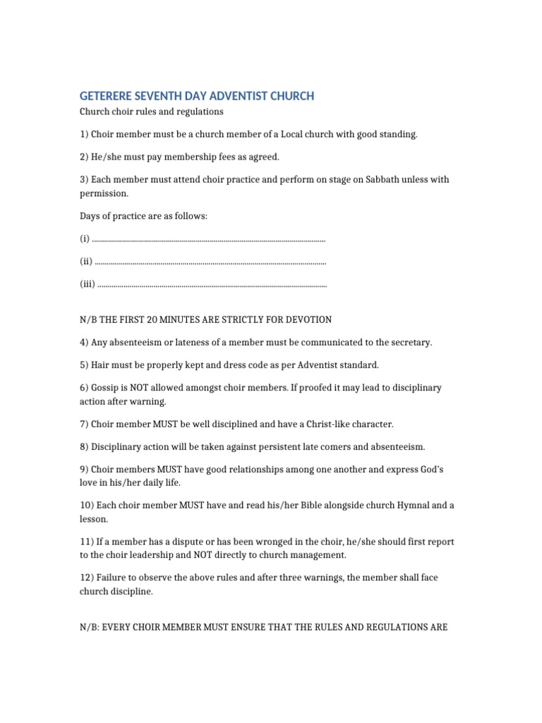 SDA Church Choir Regulations | PDF | Seventh Day Adventist Church
