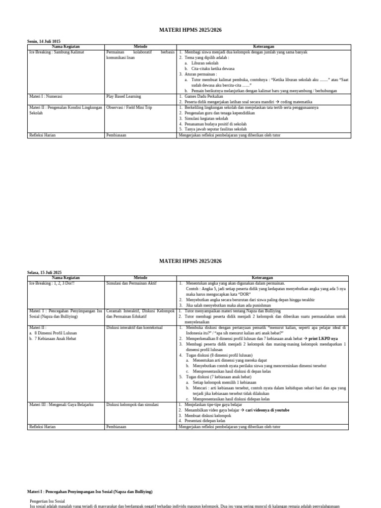 Kegiatan Pembelajaran HPMS 2025/2026 | PDF