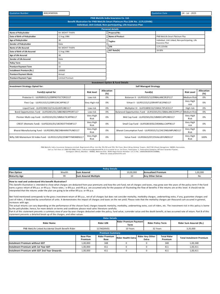 PNB MetLife Smart Platinum Plus Illustration | PDF | Insurance | Life ...