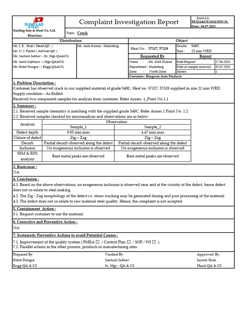 Crack Investigation Report for S48C Steel | PDF | Metals | Chemistry