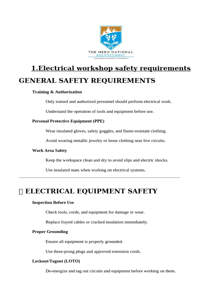 Electrical Workshop Safety Guidelines | PDF | Power Supply | Electric Power