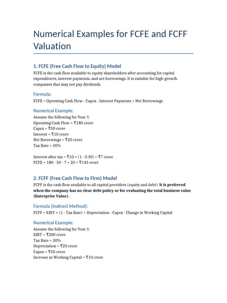 FCFE FCFF Numerical Examples | PDF
