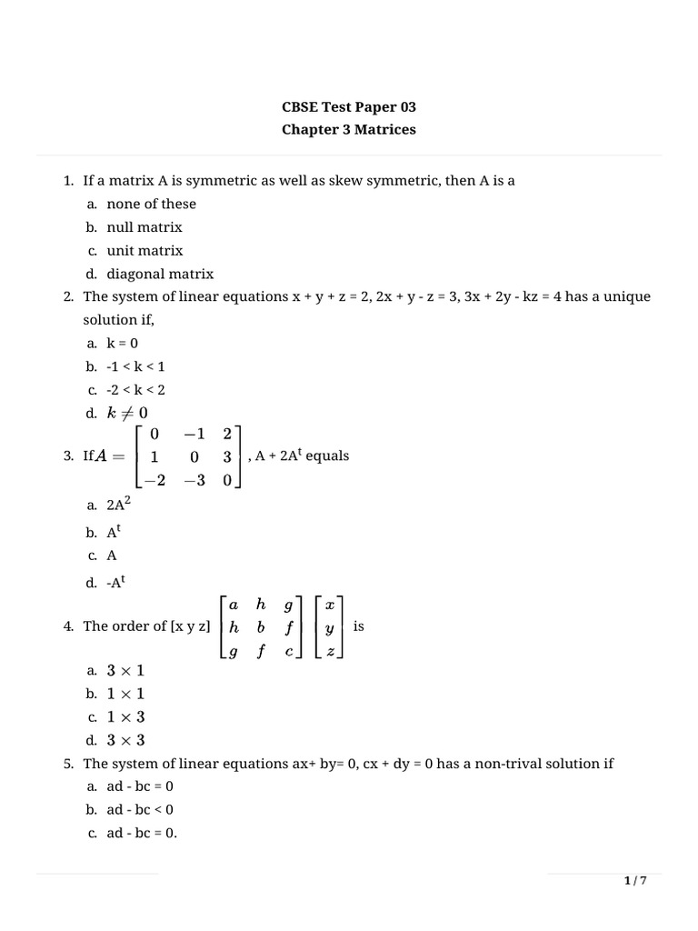 CBSE Matrices Test Paper Solutions | PDF | Matrix (Mathematics ...