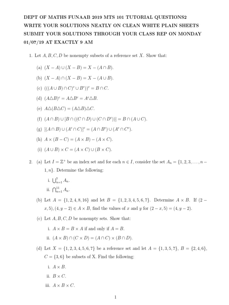 MTS 101 Tutorial Questions 2019 | PDF | Mathematics