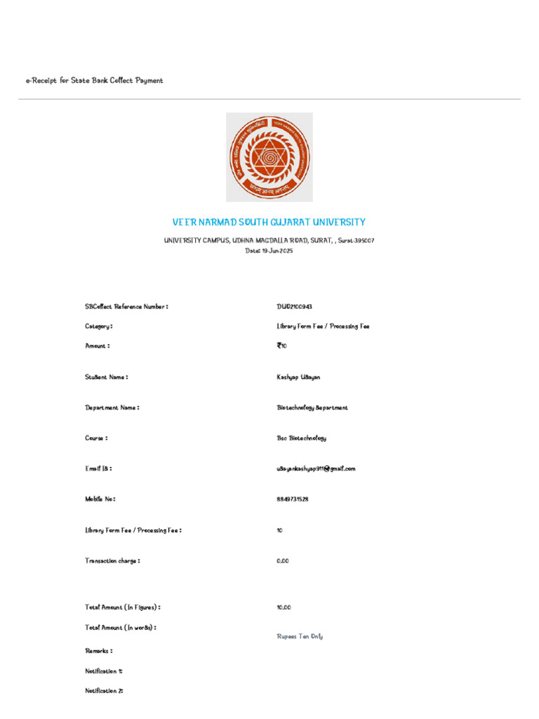 e-Receipt for Library Fee Payment | PDF