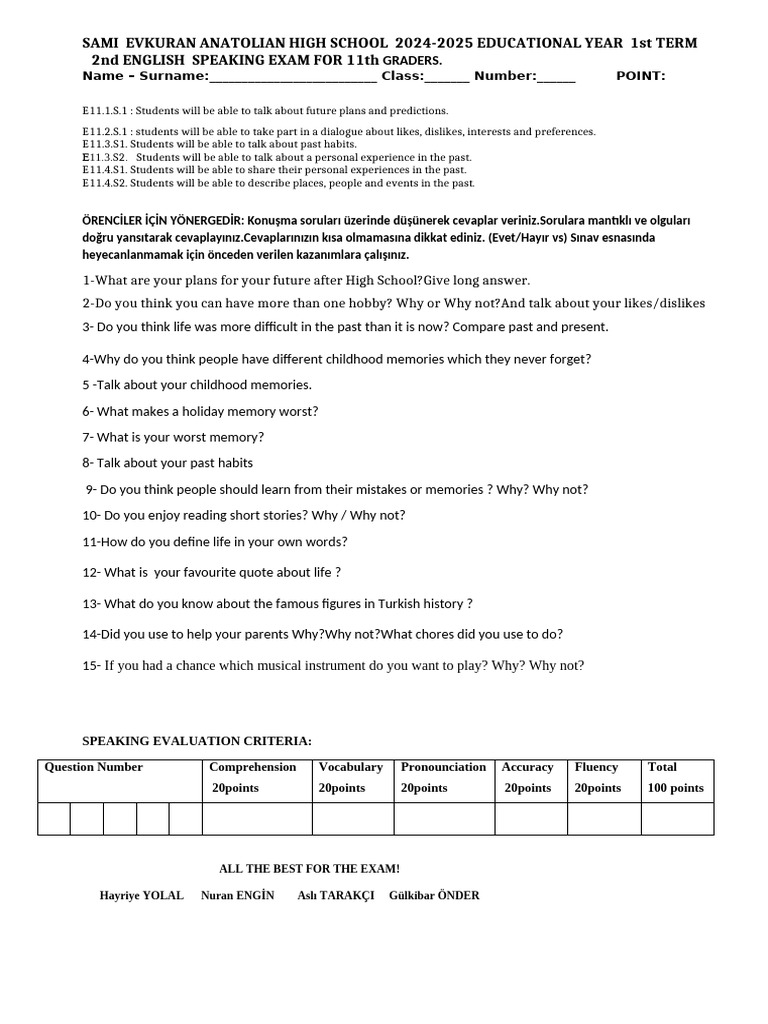 11th Grade English Speaking Exam Guide | PDF | Applied Linguistics ...