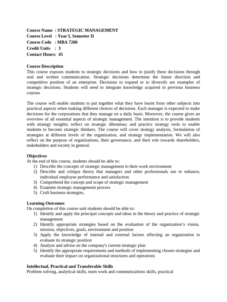 Course Strategic Management MBA 7206 | PDF | Strategic Management ...