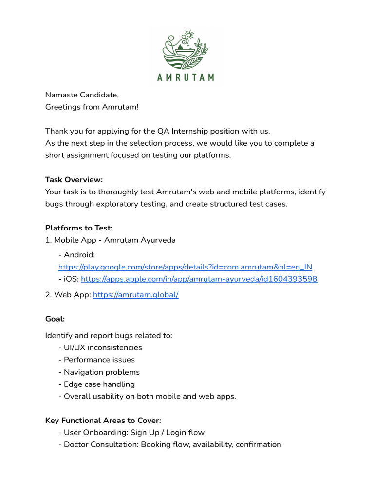 QA Internship Task - Amrutam | PDF