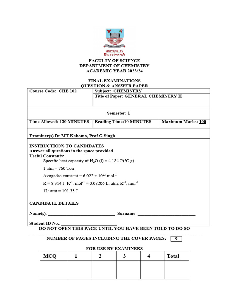 General Chemistry II Exam Paper 2023/24 | PDF | Chemical Equilibrium ...