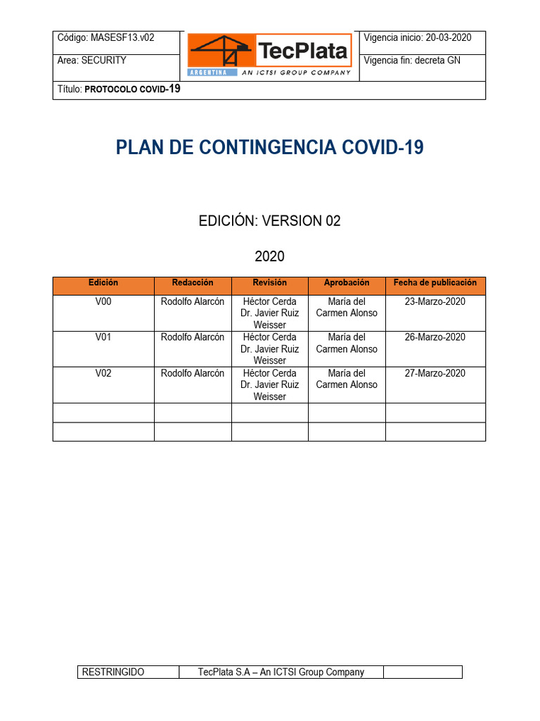 MASESE013.v02 - Plan de Contingencia COVID - 19 - 1 | PDF | Defensa ...