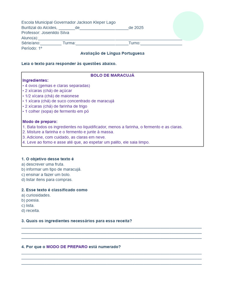 Avaliação de Língua Portuguesa 2025 | PDF
