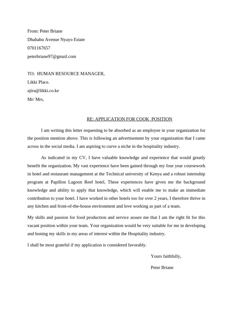 Cook Position Application Letter | PDF
