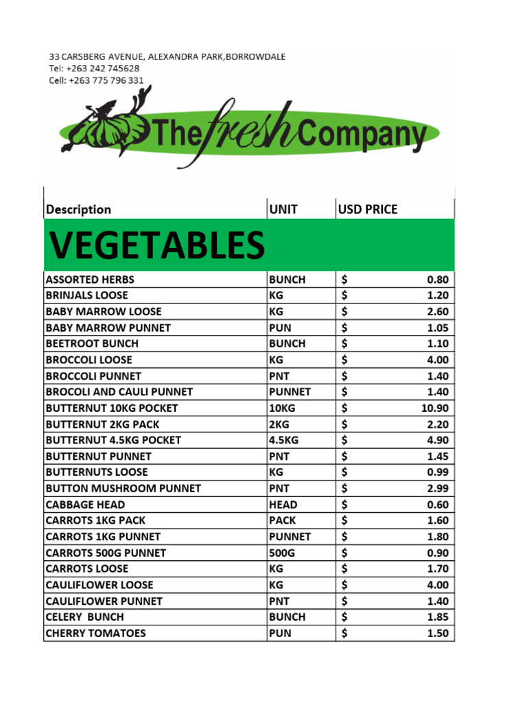 Fresh Company Products Price List | PDF | Vegetables | Broccoli