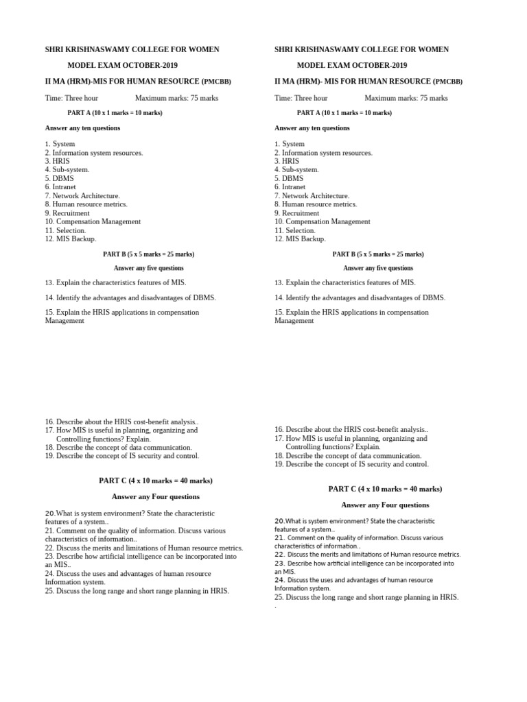 HRM MIS Model Exam October 2019 | PDF | Human Resource Management ...