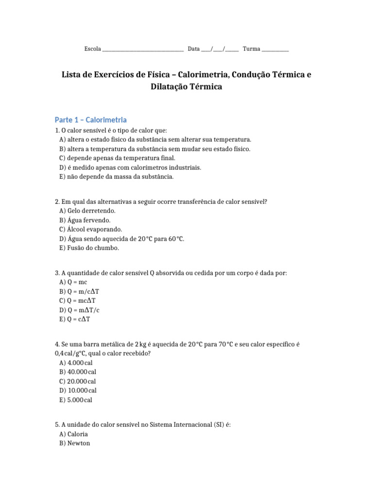 Exercícios de Física: Calorimetria e Dilatação | PDF | Calor | Condução ...
