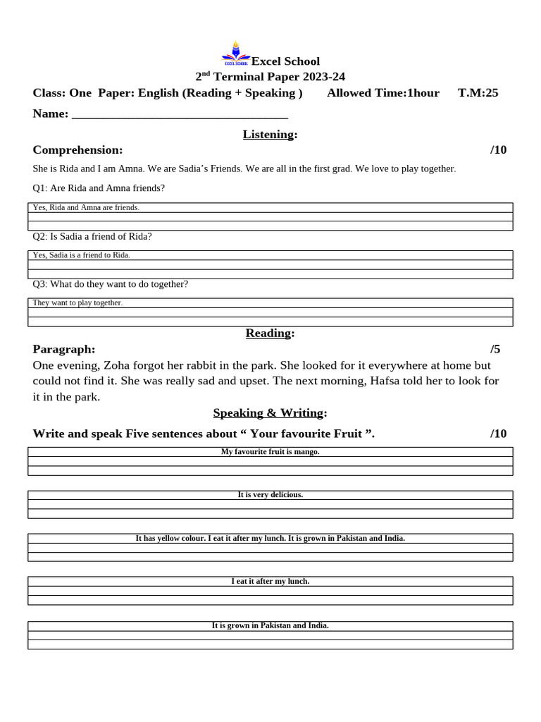 English+ Urdu Speaing and Reading 2023-24 | PDF