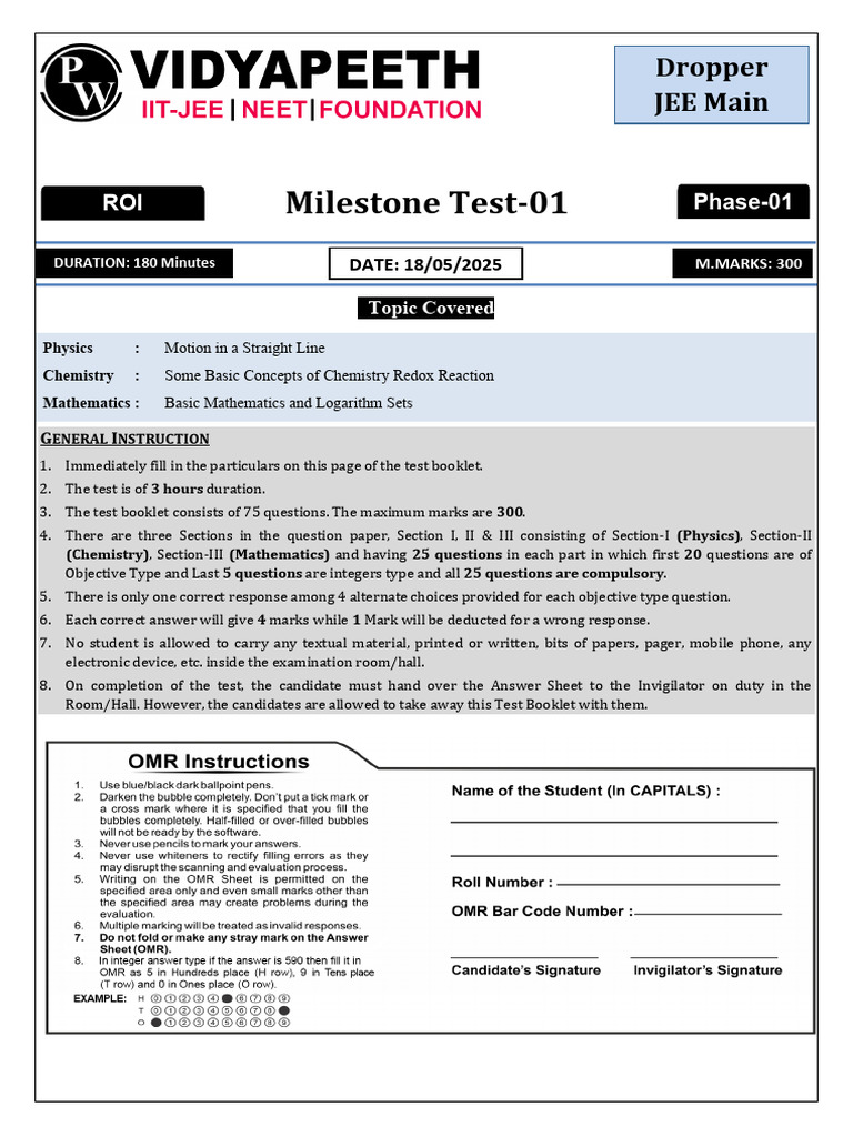 JEE Main Milestone Test 01 Overview | PDF | Acceleration | Redox