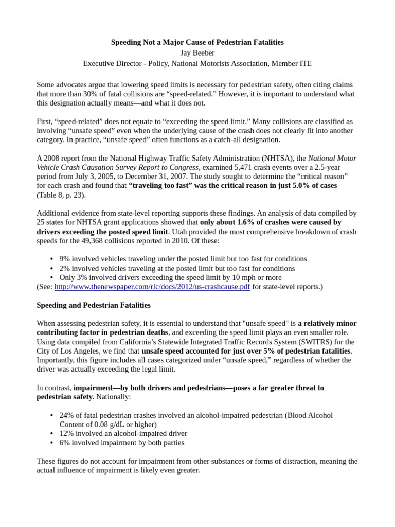 Speed's Minor Role in Pedestrian Deaths | PDF | Traffic Collision ...