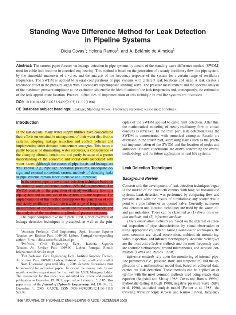 2005, Covas - Standing Wave Difference Method For Leak Detection in ...