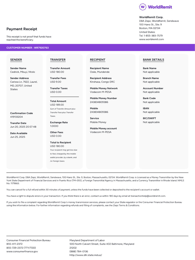 Payment Receipt: Sender Transfer Recipient Bank Details | PDF | Banks ...
