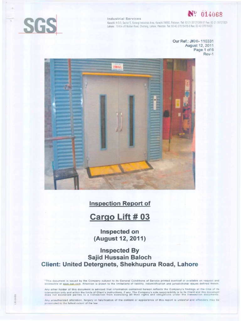 New Cargo Lift No-03, SGS Inspection Report (As On 12-08-2011) | PDF