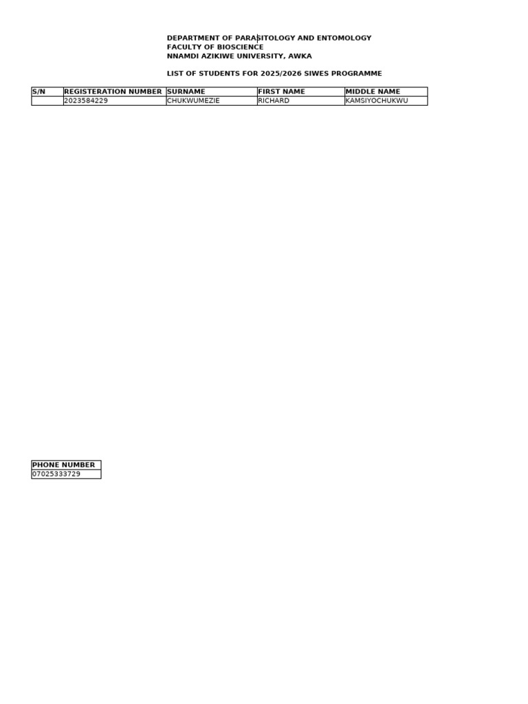 2025/2026 SIWES Students List | PDF