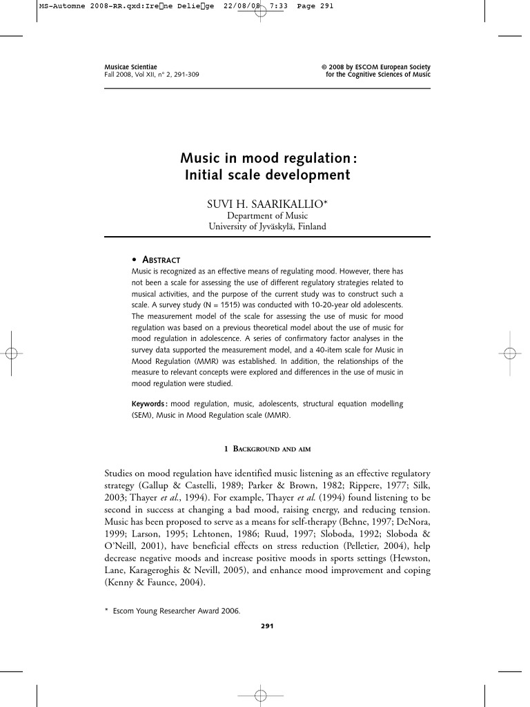 Music Mood Regulation Scale for Adolescents | PDF | Psychological ...