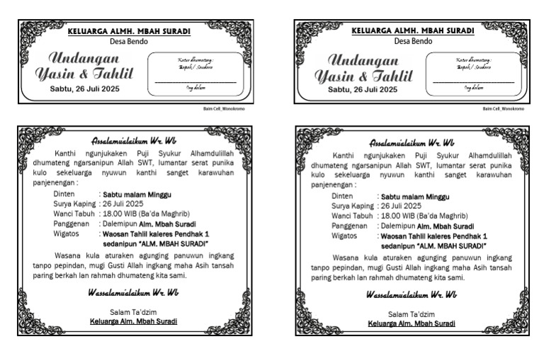 Undangan Tahlil Alm. Mbah Suradi | PDF