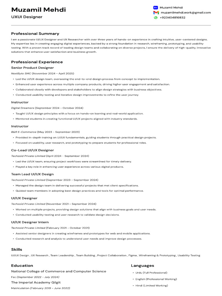 CV for UI/UX Designer Role | PDF | Usability | Innovation