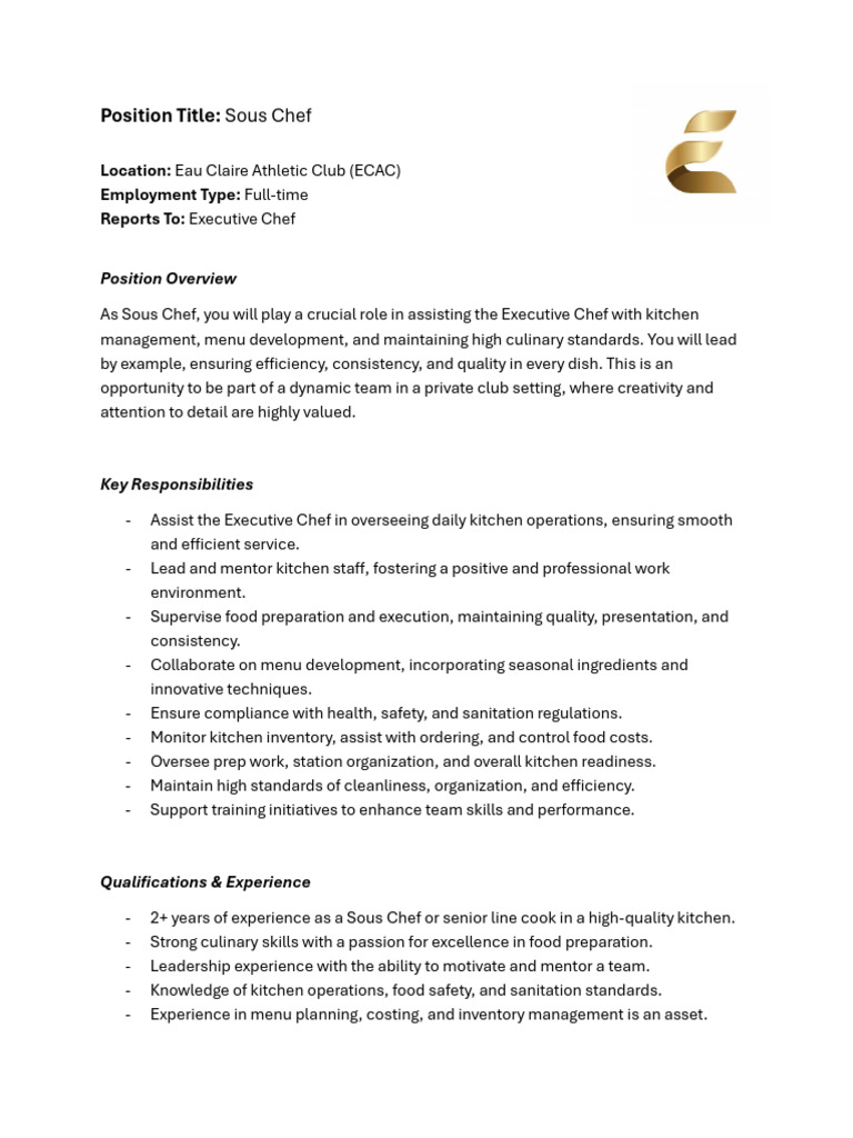 Sous Chef Position Overview and Duties | PDF | Chef | Economies