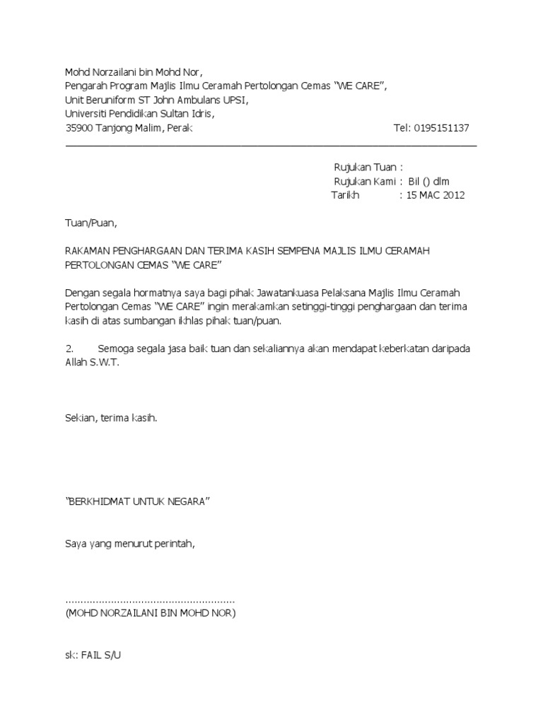 Contoh Surat Memohon Sumbangan Untuk Ceramah