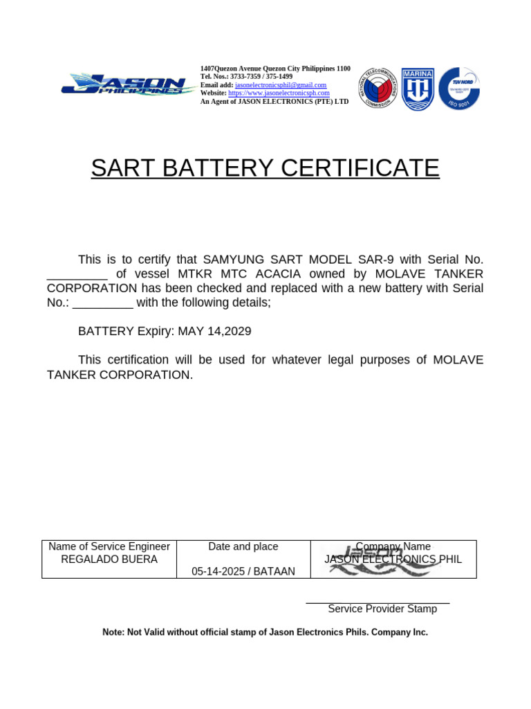 Sart Battery Certificate MTKR MTC Acacia - 4b55cc00 9116 46ef A8a3 ...