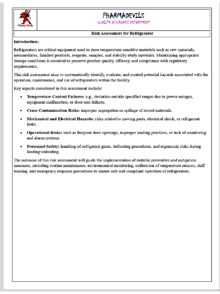 Risk Assessment For Refrigerator - 1 | PDF