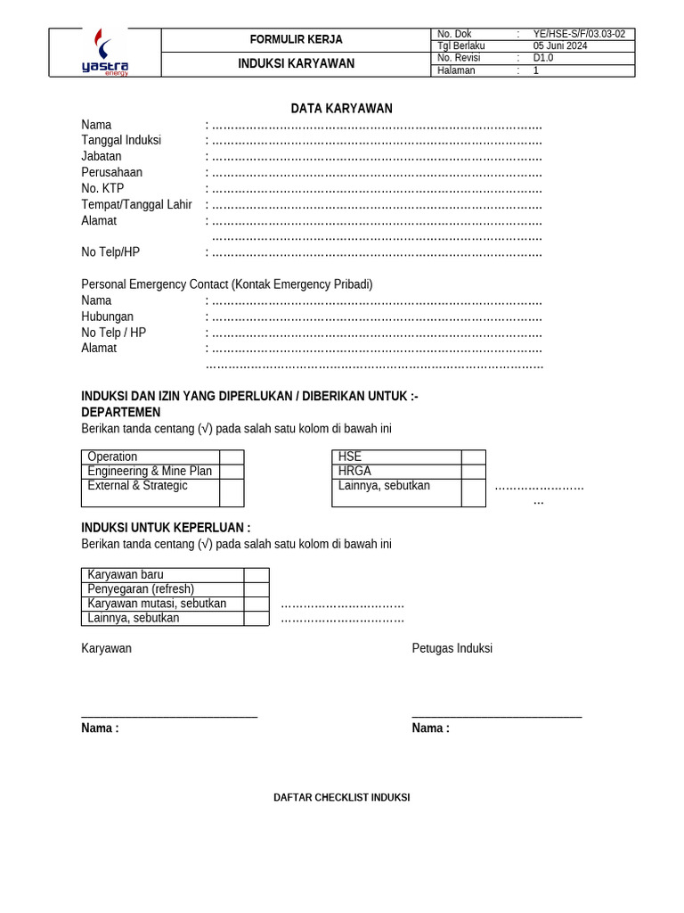 Form Induksi Karyawan Baru | PDF