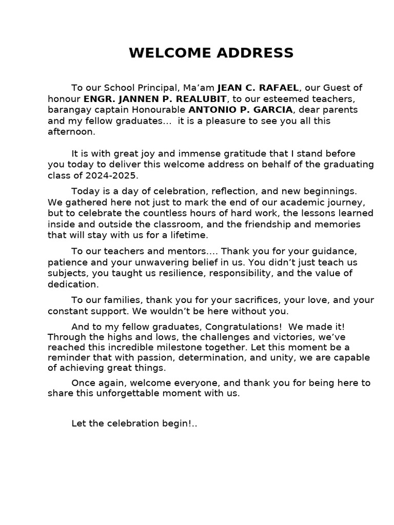 Graduation Welcome Address 2024-2025 | PDF