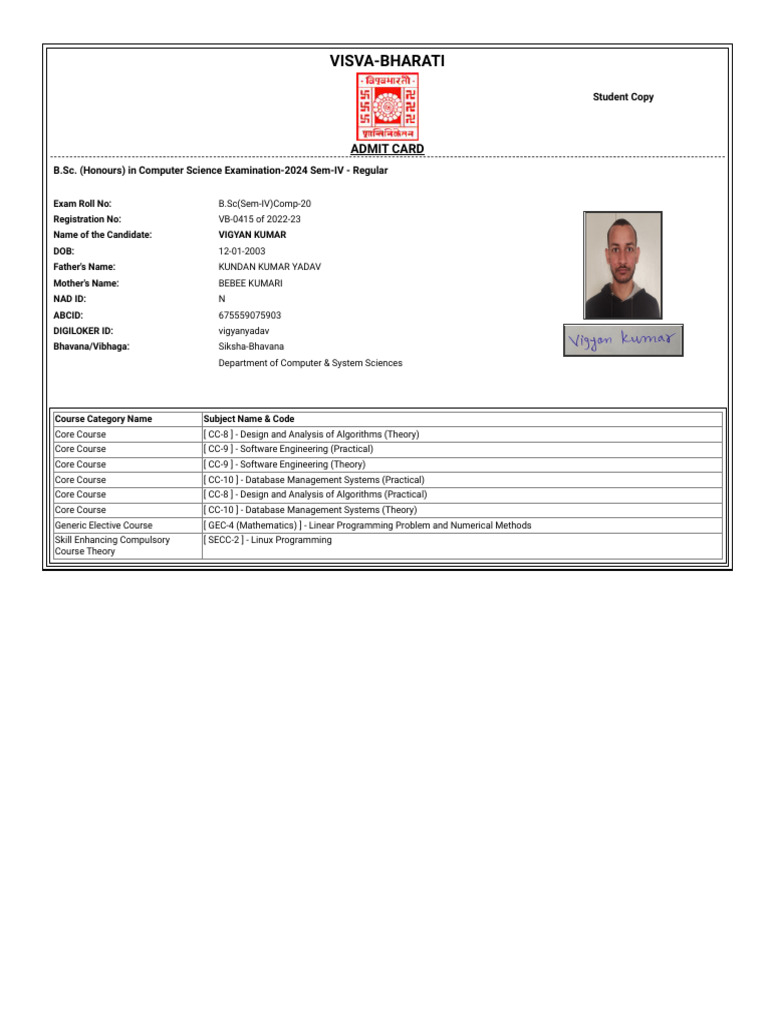 B.Sc. Computer Science Admit Card 2024 | PDF