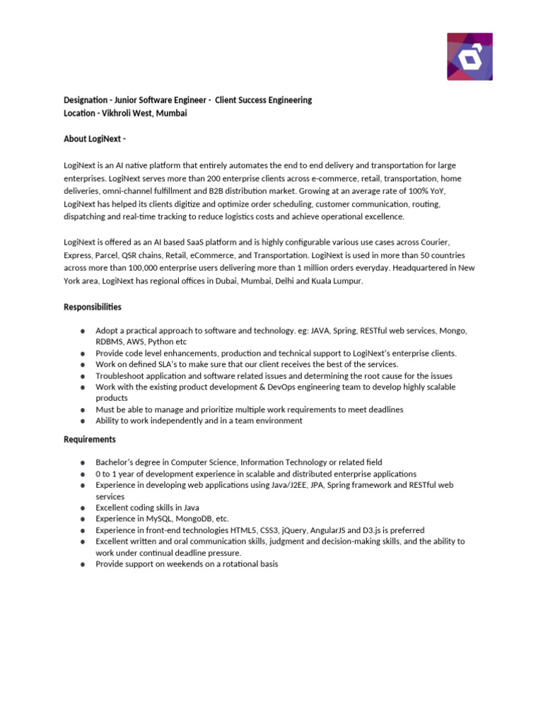 Junior Software Engineer Position at LogiNext | PDF | E Commerce ...