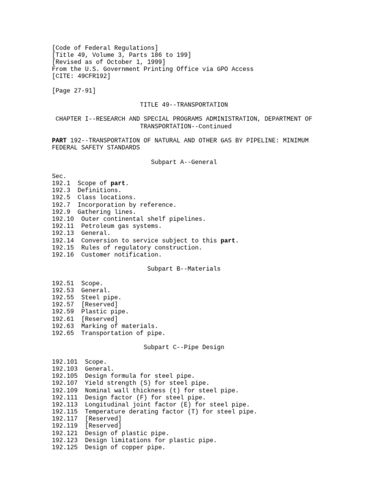 Code of Federal Regulations - Part 192 - (NAG 100) | PDF | Pipe (Fluid ...