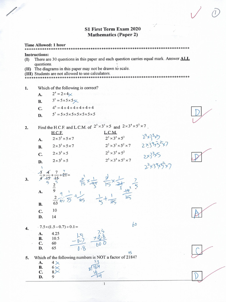 S1 First Term Exam (Paper 2) | PDF