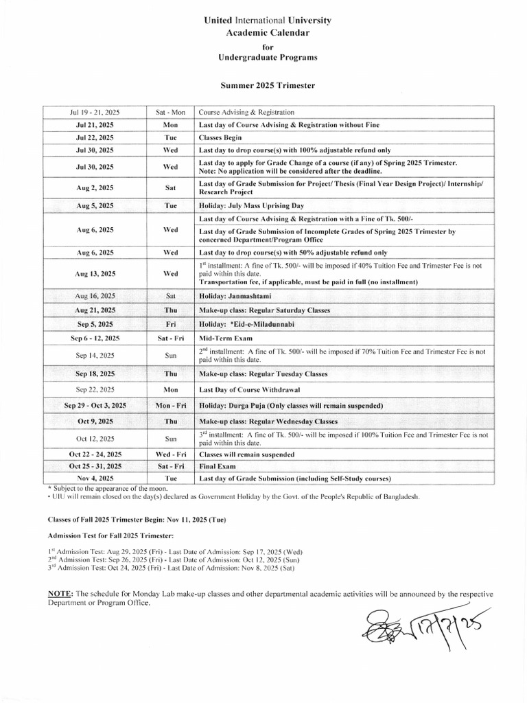 UIU Academic Calendar Summer 2025 | PDF | Academic Term | Schools