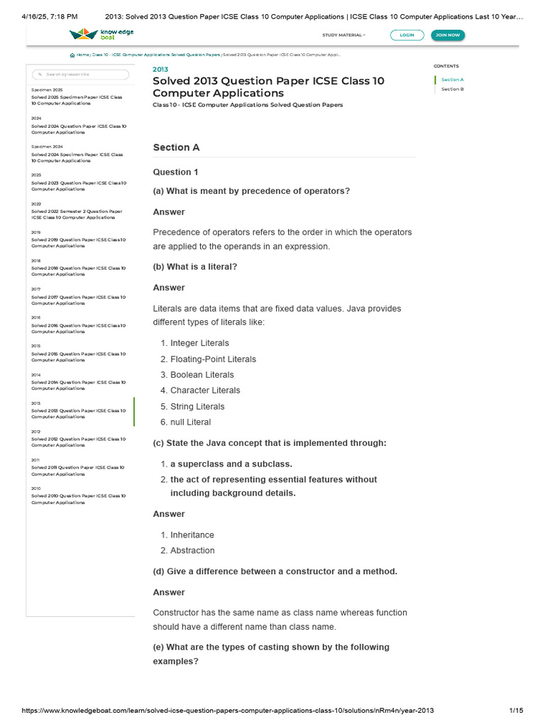 Solved 2013 Question Paper ICSE Class 10 Computer Applications | PDF ...