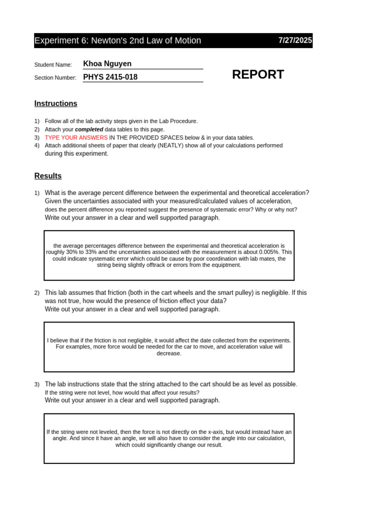 PHYS 2425 Exp 6 Report Template 1 | PDF | Observational Error | Force