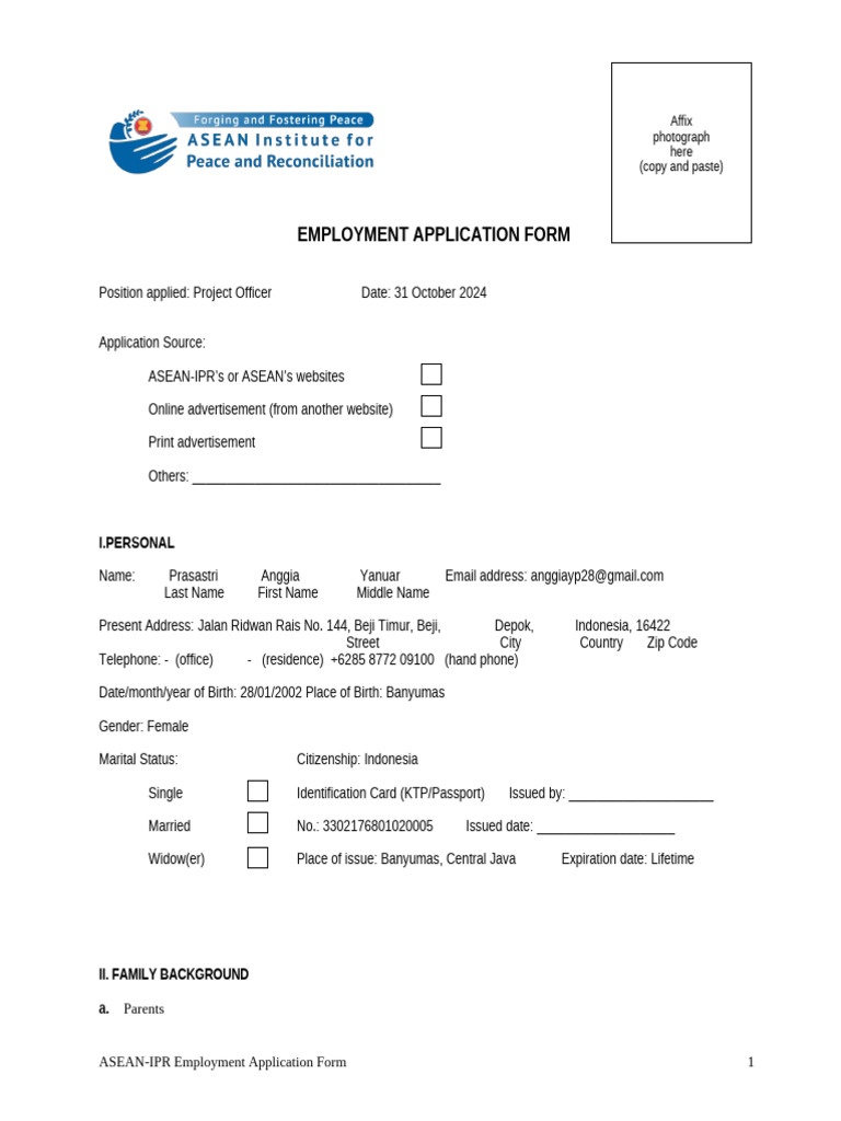 ASEAN-IPR Project Officer Application | PDF