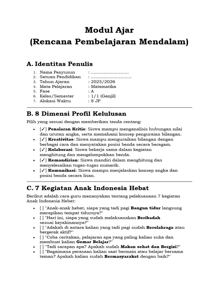 Modul Ajar RPM Matematika Kelas 1 | PDF